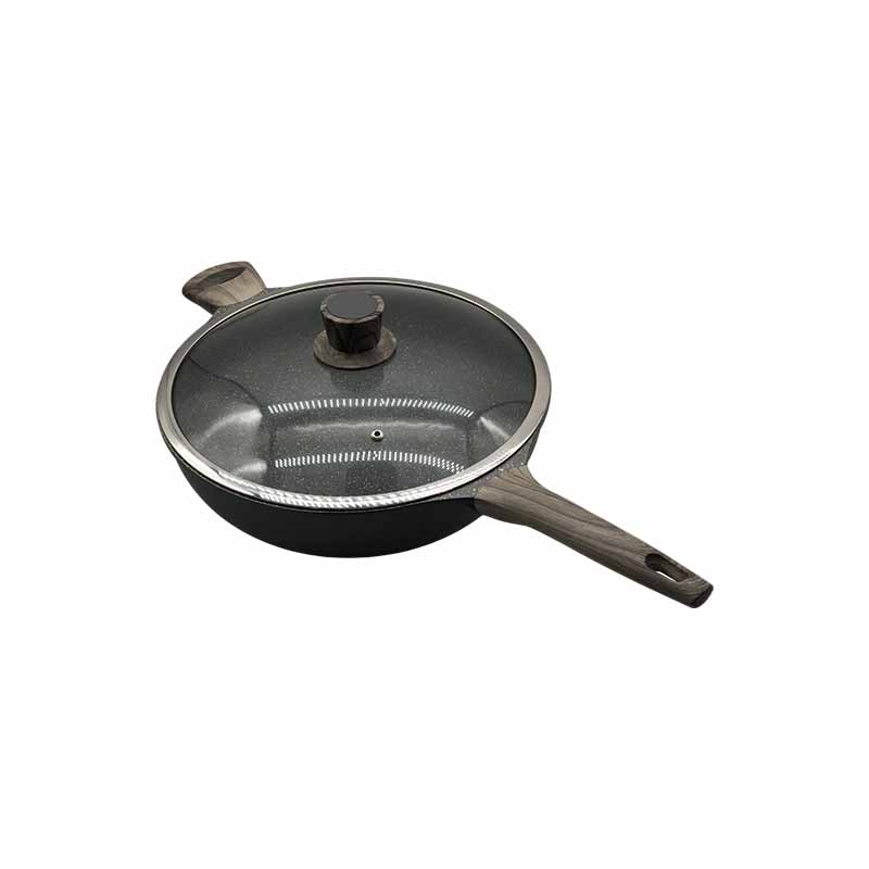 New model die cast wok pan with lid wooden handle knob and side ear